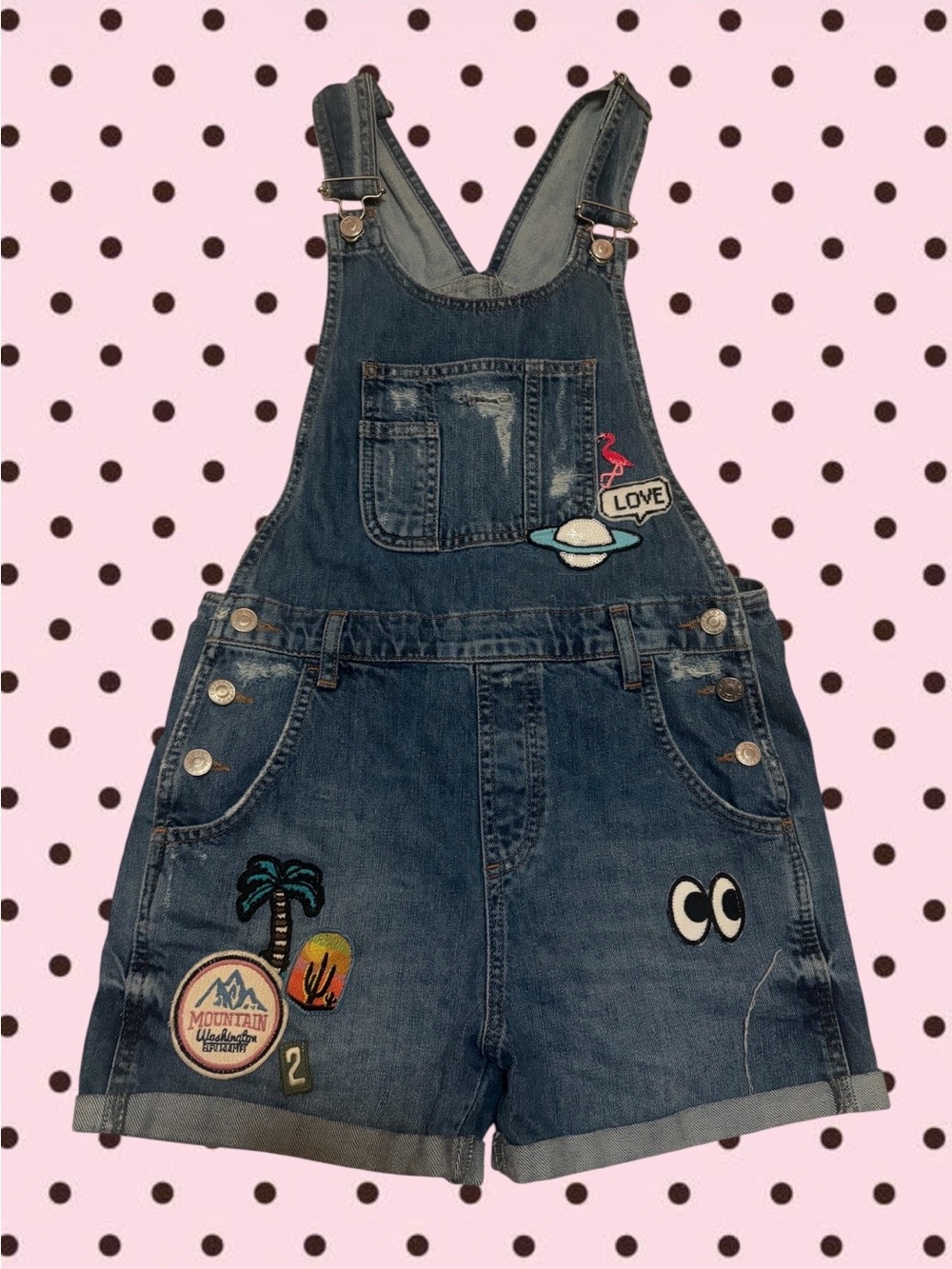 Topshop Dark Blue Denim Short Overalls with Fun Patches